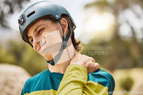 Image of Man cyclist with shoulder pain, injury or accident from sports training for a cycling race or marathon. Fitness, exercise and male athlete with a medical emergency, inflammation or muscle sprain.