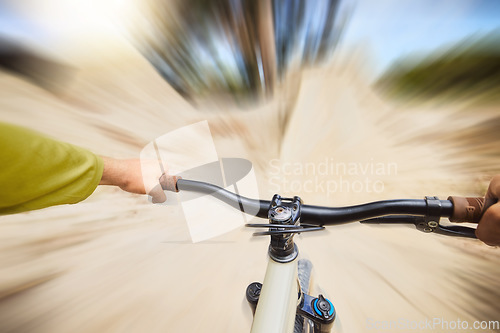 Image of Pov hands, speed and cycling with bike and travel on nature path for outdoor exercise, training workout or race. Freedom, sports adventure and bicycle cyclist on fast journey for fitness workout blur