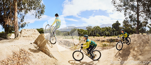 Image of Sports, mountain bike and man cycling in forest for nature exercise, cardio workout and training for marathon. Athlete with bicycle for extreme sport with transport for travel or freedom at ramp park