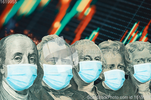 Image of Different american presidents from dollar banknotes with a face masks