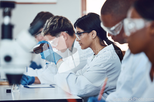 Image of Diversity, scientist and people in science exam, test or group project in experiment or assignment at laboratory. PHD students in scientific research, chemical or forensics with safety uniform in lab