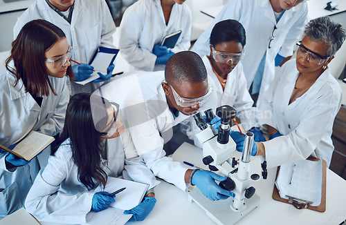 Image of Student, microscope and science in university class, group and learning with woman lecturer, education or study. Students, scientist and medical research, dna lab or scholarship innovation at college
