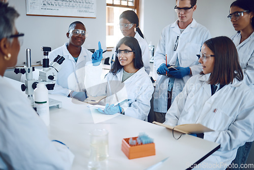 Image of Students, research and girl question in laboratory, class and studying healthcare. Scientist, young researchers or lecture for medical innovation, scientific methods and woman raise hand or education