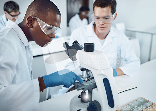 Image of Science, laboratory and team doing research with microscope for medical discovery, analytics and data. Healthcare, biotechnology and scientists collaboration for lab test, results and exam in clinic