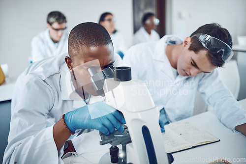 Image of Microscope, science team and medical analysis for research innovation, planning results and scientists working in laboratory. Microbiology, report collaboration and biotechnology analytics in lab