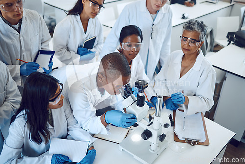 Image of Science, students and medical laboratory with microscope and mentor for pharmaceutical research, education and learning in class. Scientific and chemistry men and women group doing analysis of drug