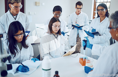 Image of Science, students and education in a medical laboratory writing notes during scientist lecture or lesson with mentor or teacher. Medical men and women for training and learning in chemistry class