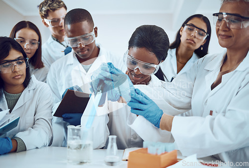 Image of Scientist, teacher or learning students and dropper in healthcare study, medical research or future medicine study. Smile, happy men or women in science laboratory and university education professor