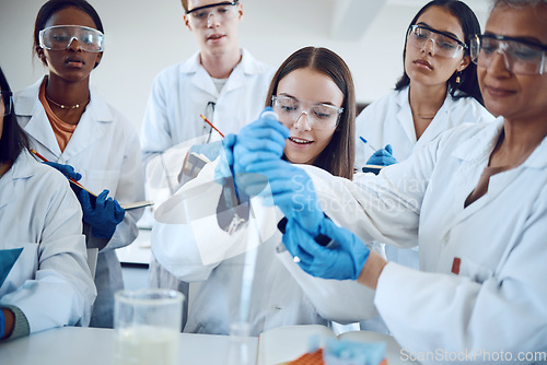 Image of Research, students and professor for medical innovation, laboratory or knowledge. Researcher, young people and female lecturer with scientific method for cure, healthcare and scientist with diagnosis