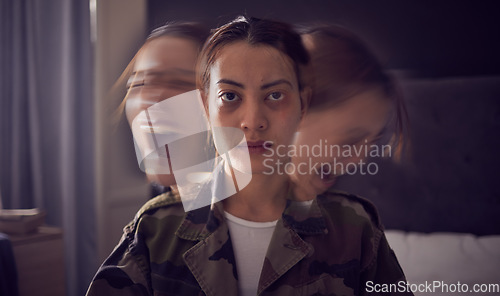 Image of Bipolar, schizophrenia and military woman with PTSD, war stress and tired from mental health problem. Anxiety, screaming and portrait of a soldier with insomnia, trauma and angry from battle in home