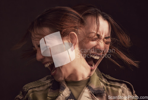 Image of PTSD, depression and military woman with mental health problem, horror screaming and stress from war on black background in studio. Bipolar, anxiety and face of soldier with trauma, scared and angry