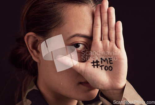 Image of Hands, me too and woman in studio for abuse, ptsd and rape against a black background mockup. Portrait, girl and victim with hashtag hand sign suffering fear, sad and trauma, scared and violence