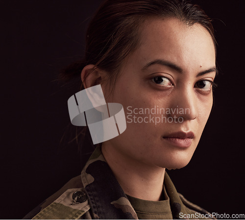 Image of Face, sad woman and crying army soldier with mental health problem, depression and military trauma of psychology on black background. Portrait of depressed Ukraine war veteran with ptsd from service