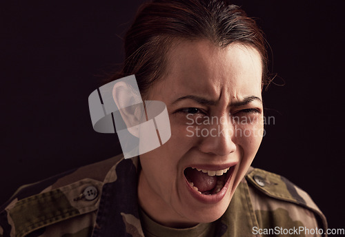 Image of War, crying and military woman with ptsd, trauma and anxiety, screaming or shouting. Mental health, depression and face of female soldier from Ukraine with stress, pain and thinking of army memories.