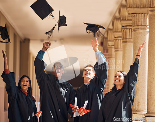 Image of College, friends and graduation success portrait with happy, excited and victory celebration. Interracial, winner and happiness of university students with educational milestone achievement.