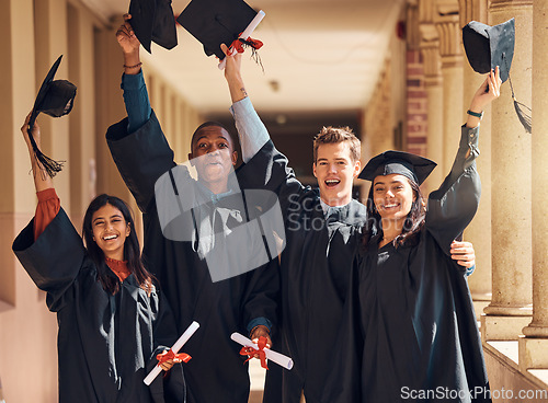 Image of Success, graduation and celebration of students in university in campus. Goals, targets and happy group of college people or friends graduate celebrating education, studying and learning achievement.