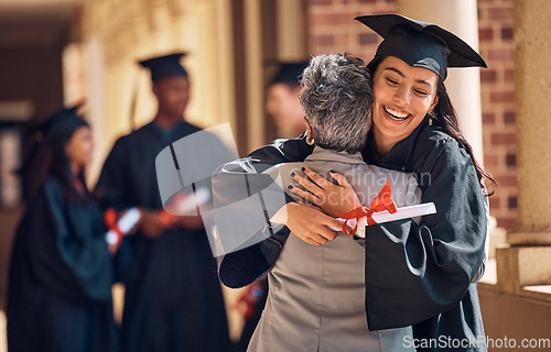 Image of Hug, graduation and graduate, women and education achievement, success on university campus and certificate with academic goals reached. College, student and graduating ceremony, event and degree.