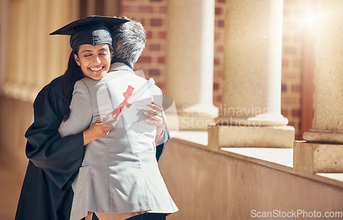 Image of Woman, graduation or hug for celebration, scholarship or higher education achievement. Female student, embrace or success for certificate, happy or learning completed at university, diploma or degree