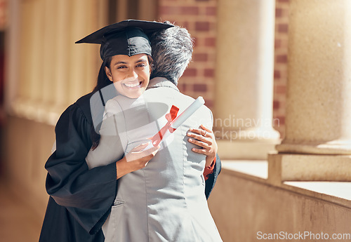 Image of Portrait, student and hug for graduation, success or higher education. Graduate, female and embrace for university, degree achievement or certificate with happiness, college diploma and smile in gown