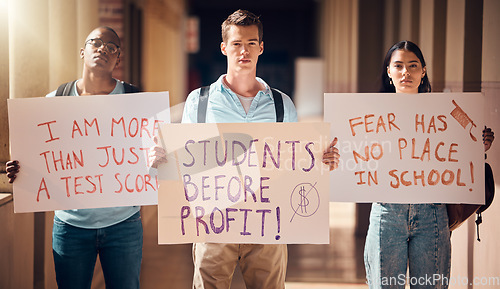Image of Students, protest and billboards for education at university for voice, sign or message at the campus. Student group protesting or strike with posters at school for better treatment, learning or care