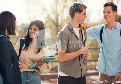 Image of Student, friends and conversation for social discussion, break or interval at the university. Happy students with smile enjoying communication, socializing or discussing education or scholarship talk