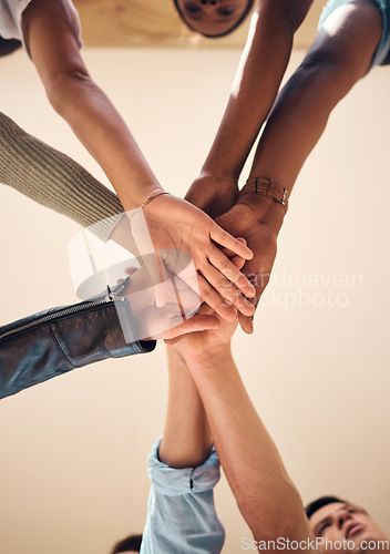 Image of Hands, business people and partnership for team, collaboration and agreement. Diversity, stack and teamwork for group project, support and solidarity for team building, motivation and community trust
