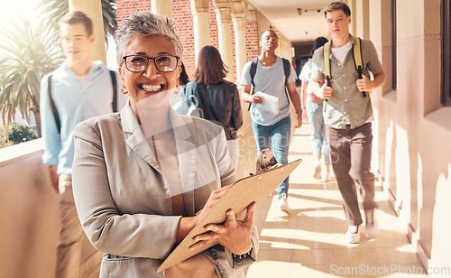 Image of Education clipboard, students and portrait of teacher happy on college campus for coaching, teaching and learning. Knowledge study, high school principal or university professor with daily checklist