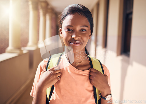 Image of Happy, university and black woman student portrait at educational building in Chicago, USA. College campus and happiness of gen z girl outside lecture classroom with optimistic smile.