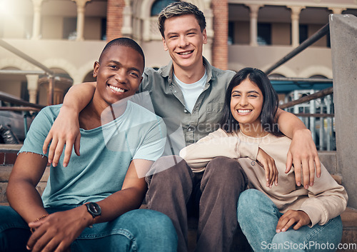 Image of University, gen z and friends hug portrait with smile at campus together in Los Angeles, USA. Happy, interracial and student friendship with young people bonding outside college building.