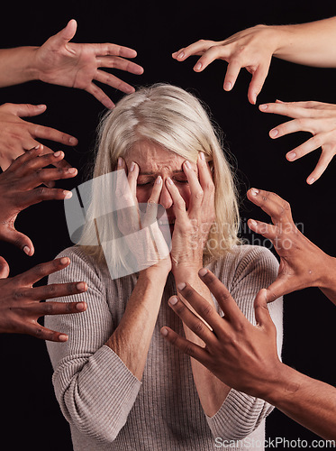 Image of Senior woman, hands or mental health stress on black background in studio with guilt, fear or schizophrenia disorder. Scared, depression or anxiety retirement elderly with psychology bipolar burnout