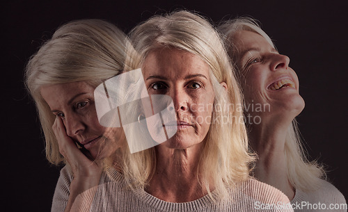 Image of Senior woman, bipolar or mental health for depression, psychology or mood swings. Mature female, depressed or schizophrenia with identity crisis, trauma anxiety or problem with portrait, sad or smile