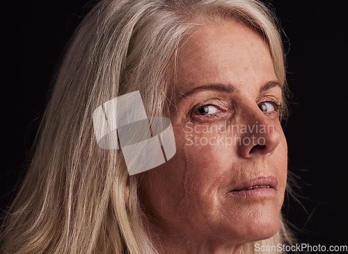 Image of Retirement, depression and portrait of woman with sad tear on face crying with sorrow zoom. Depressed, pension and senior person with mental health problem at black studio background.