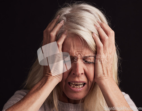 Image of Mental health, depression and face of senior woman sad over loss, crisis problem and suffer from anxiety stress. Pain, dark fear and crying elderly person depressed over trauma on black background