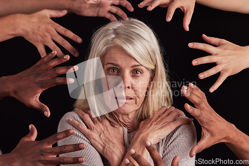 Image of Anxiety, schizophrenia and face of woman with hands reach in horror, fear and black background for bipolar terror. Portrait, crazy and scared lady with mental health problem, depression and trauma