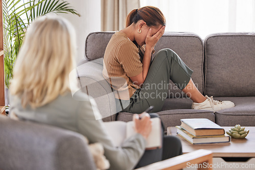 Image of Woman, psychology and crying in therapy for mental health, stress and anxiety risk. Depression, crisis and sad patient in tears at psychologist, therapist or counseling support, help and consultation