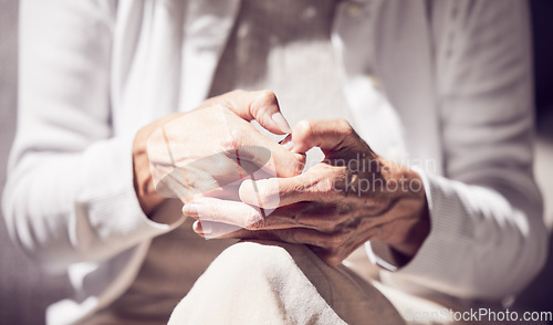 Image of Anxiety, grief and hands of a senior woman in a therapy session for loss, mental health and support. Hope, counseling and elderly lady pensioner in retirement getting help at psychology rehab center.