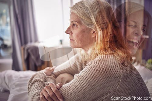 Image of Depression, psychology and bipolar woman on sofa with split personality issue, problem and medical condition. Mental health, anxiety and exposure of faces of senior female with moods, fear and crisis