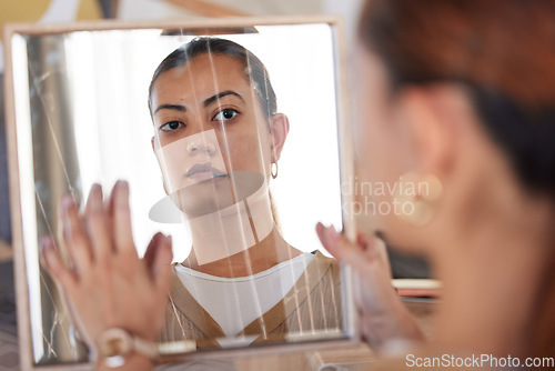 Image of Broken mirror, bipolar woman and reflection of anxiety, depression or psychology, identity crisis or schizophrenia. Depressed face, sad girl and cracked mirror with mental health, problem and persona