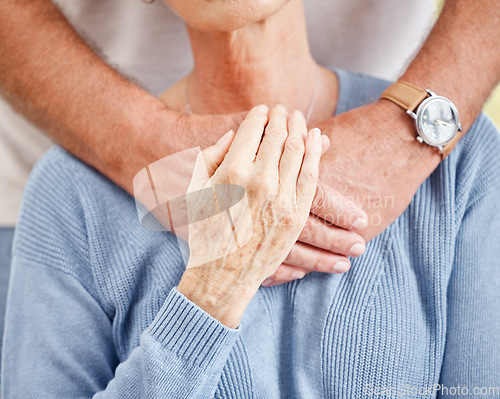 Image of Senior couple, holding hands and support close up for trust, care and retirement wellness together. Elderly man, woman and counseling gratitude, safety and relax quality time bonding in nursing home