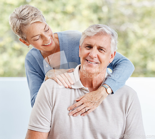 Image of Happy senior couple hug in home, house and apartment while relaxing in lounge for love, care and retirement together in Australia. Happiness, smile and old man, woman and people enjoy quality time