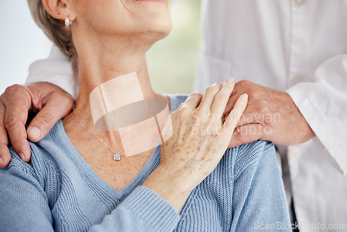 Image of Healthcare, support and doctor hands with woman for comfort, trust and good news of medical results. Insurance, medical care and senior female holding hands with health worker at home consultation