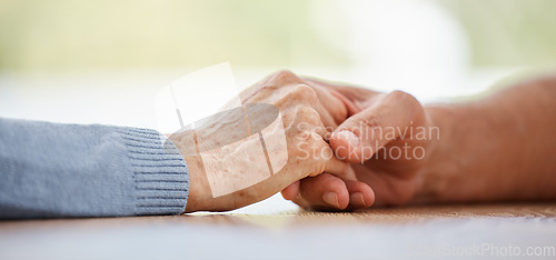 Image of Healthcare, help or people for support holding hands of patient for trust, consulting or cancer news zoom. Friends, family or hand for empathy with comfort, depression wellness or sad funeral advise