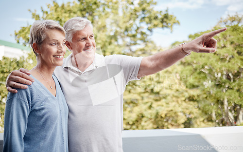 Image of Senior couple, bonding or pointing on house balcony or home garden trees, backyard plant growth or Australian wild birdlife. Smile, happy or hug for retirement elderly man or woman and hand gesture