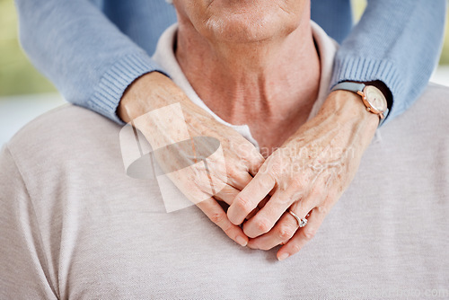 Image of Closeup, married couple and senior hands hug partner in happy relationship of love, care or support together. Elderly man, old woman and pension people in retirement hugging for comfort, bond and age