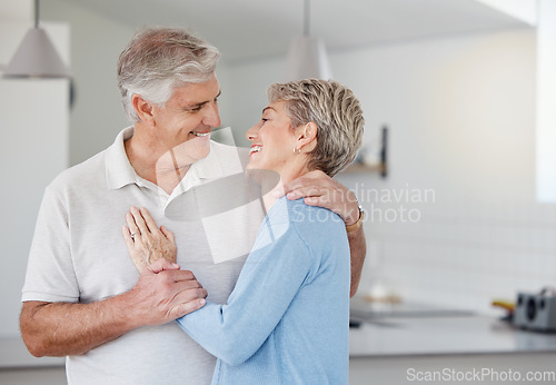 Image of Love, senior couple and hug with smile, happy and bonding for relationship, romance and quality time. Romantic, mature man and elderly woman embrace for loving, relax and together in home or marriage