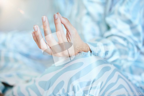 Image of Meditation, morning and hand of woman in home for mindfulness, peace and calm exercise in pajamas. Motivation, wellness and closeup of hands in lotus yoga pose for mindset, reflection and relax