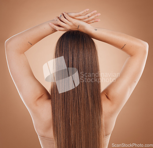 Image of Woman, hair and beauty in cosmetics studio with long hair, treatment and self care by brown background. Model, natural hair care and balayage for cosmetic, extension or wig by studio background