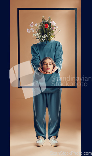 Image of Woman, fashion or abstract art with flowers on studio background, picture frame or manipulation photography. Beauty model, faceless head or plant bouquet in freedom empowerment or creative aesthetic