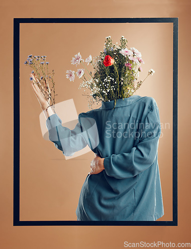 Image of Flower, abstract and aesthetic woman in art deco frame for fashion, floral and surrealism for pop art studio background. psychedelic model with blossom for fashion, creativity and nature energy style