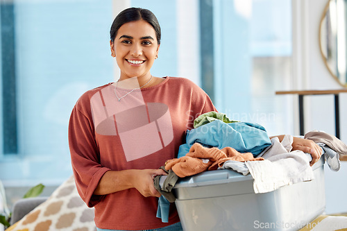 Image of Cleaning, cleaner and woman with laundry, clothes washing and cleaner service, housekeeping and hygiene. Wash fabric, clean and spring cleaning, housework portrait and housekeeper with laundry basket